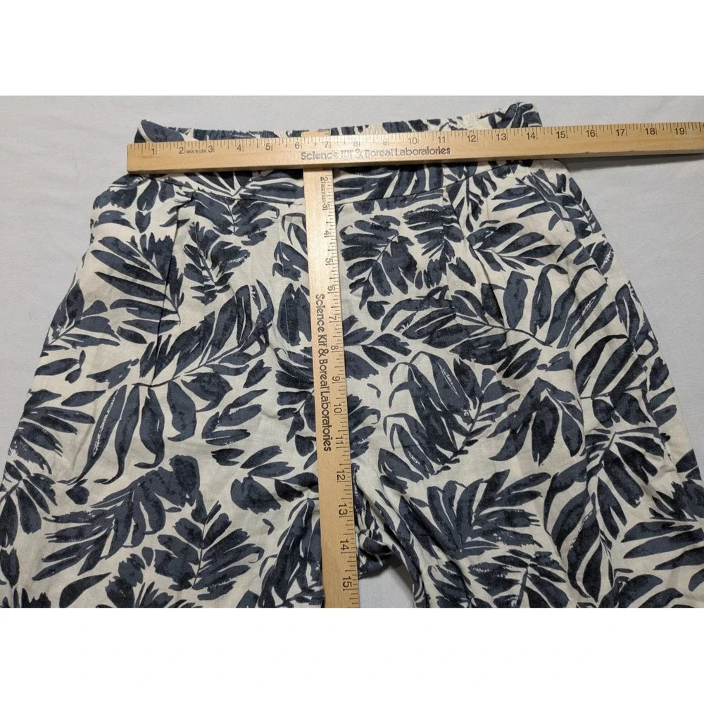 MNG MANGO Women Small Blue Ivory Linen Blend‎ AOP Pull-on Wide-Leg Cropped Pants